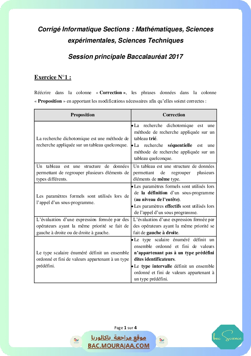 Corrigé principale info Bac 2017 – Section science